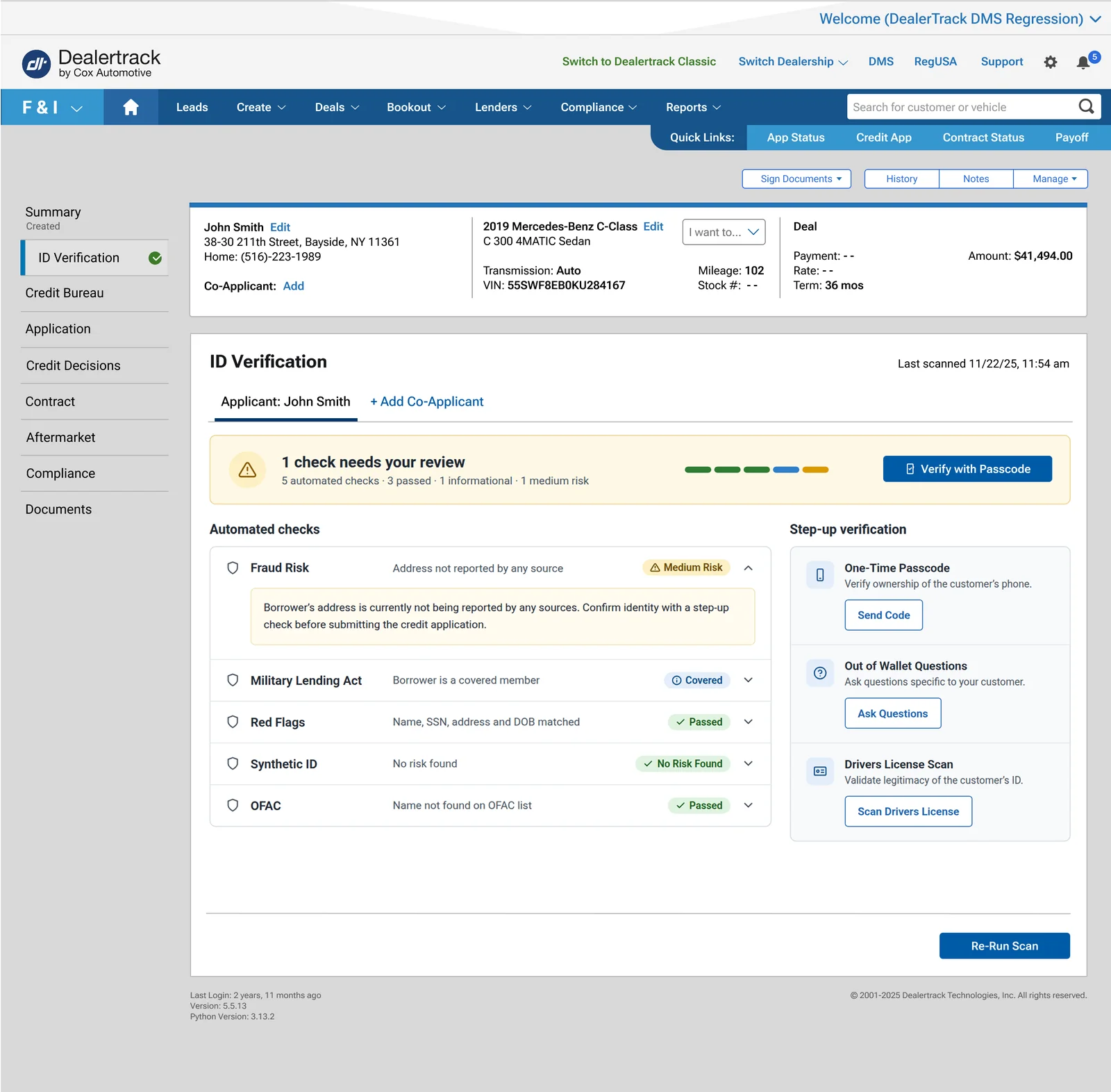 Direction A, Verdict First: a banner noting one check needs review, above a severity-sorted list of automated checks with step-up verification beside it.