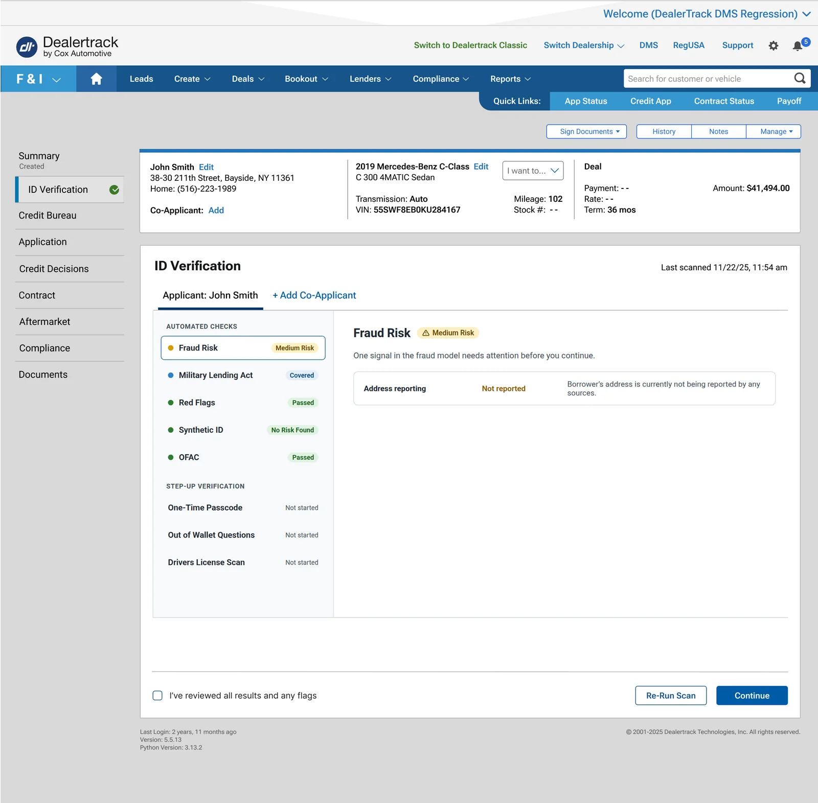 Direction C, Master–Detail: a list of automated checks and step-up tools on the left, with the selected Fraud Risk result in detail on the right.