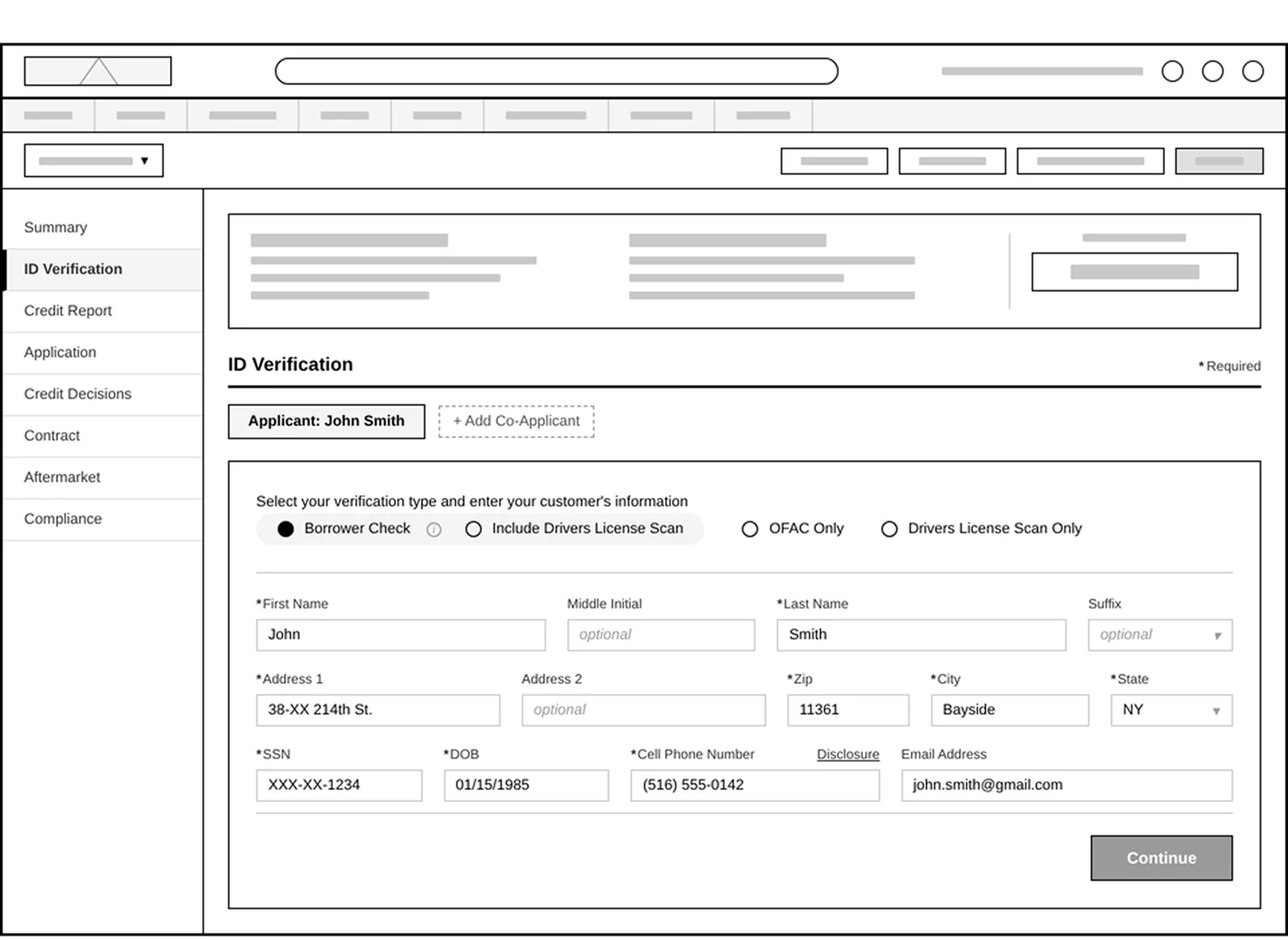 Wireframe of the ID Verification landing screen: verification type options above an applicant information form.