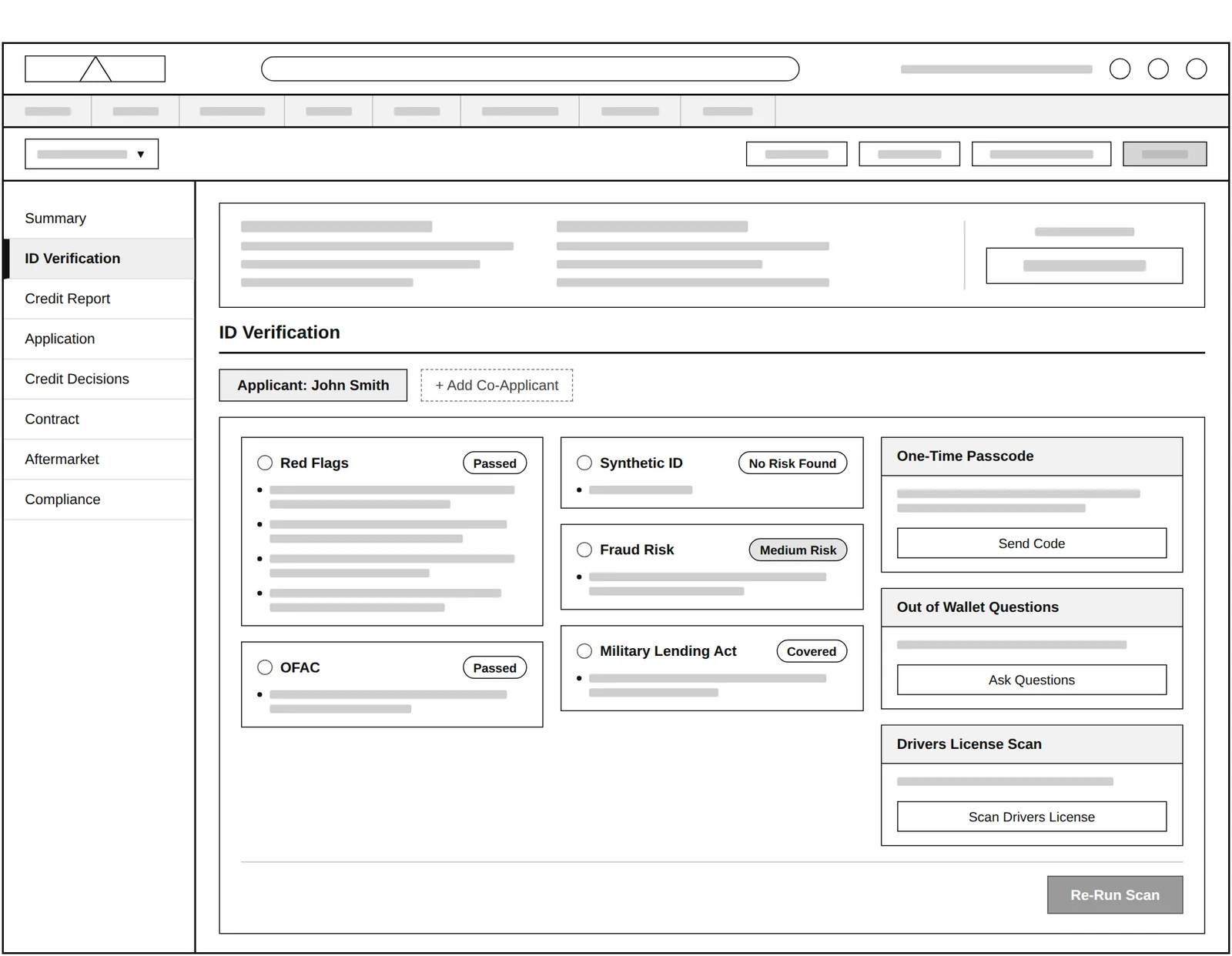 Wireframe of the ID Verification results screen with result cards and step-up verification cards.