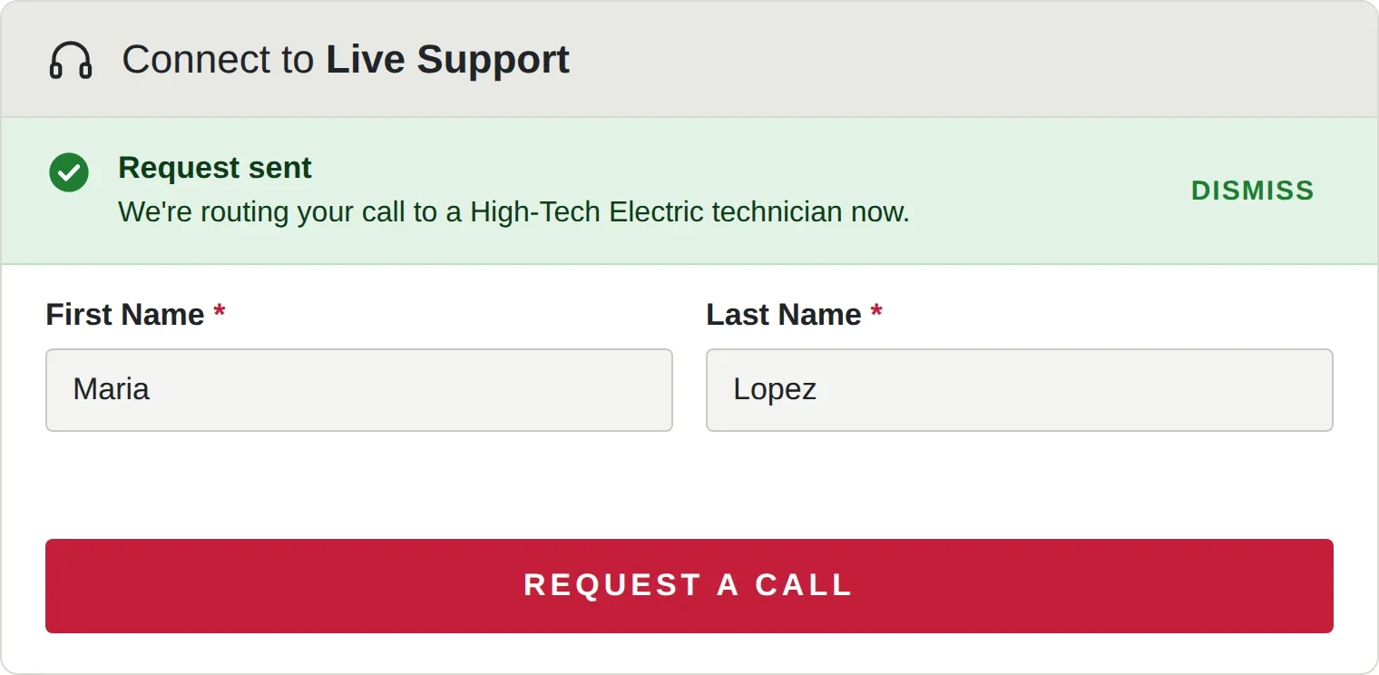 Connect to Live Support form, success state: a green banner confirming the request was sent and the call is being routed to a technician.