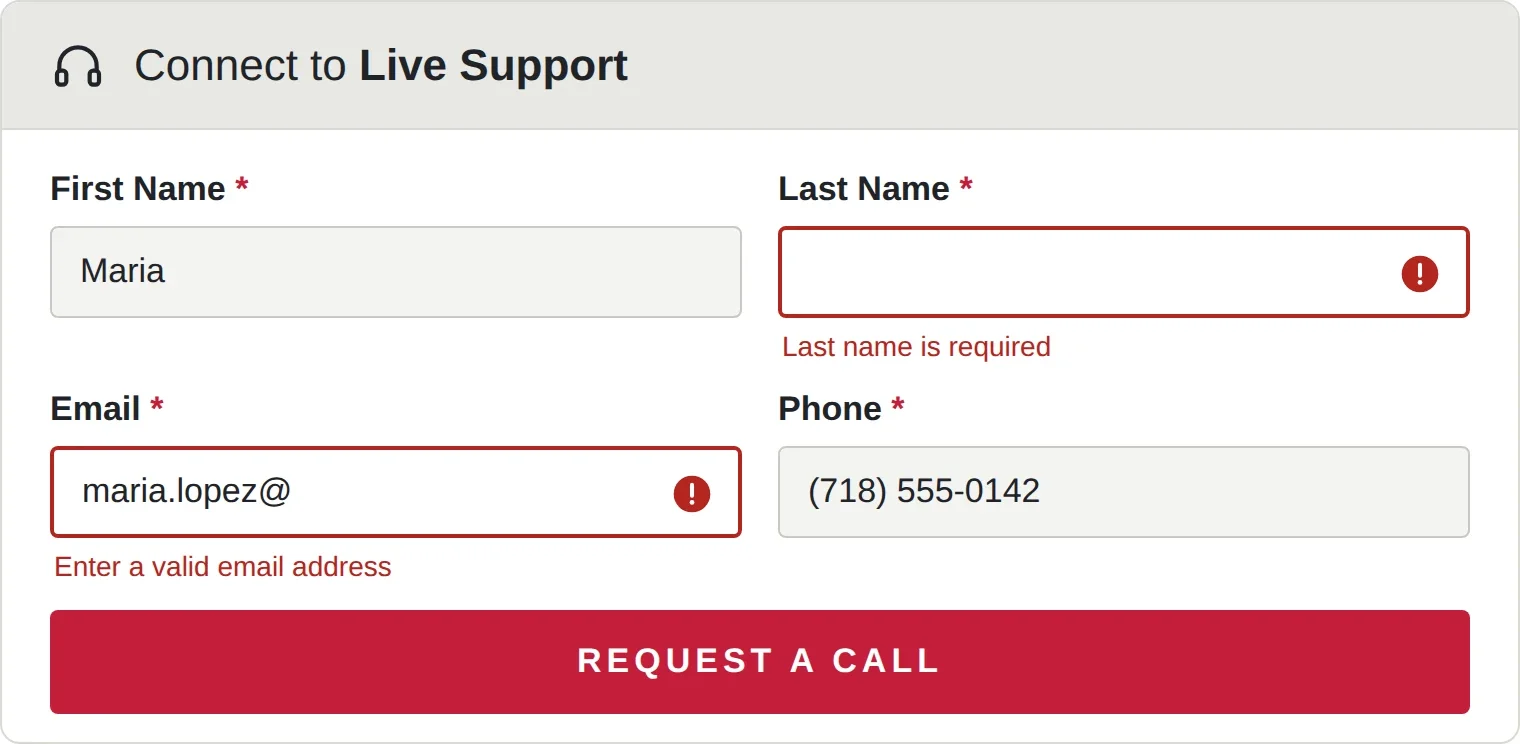 Connect to Live Support form, validation state: empty Last Name and invalid Email fields outlined in red with error messages.