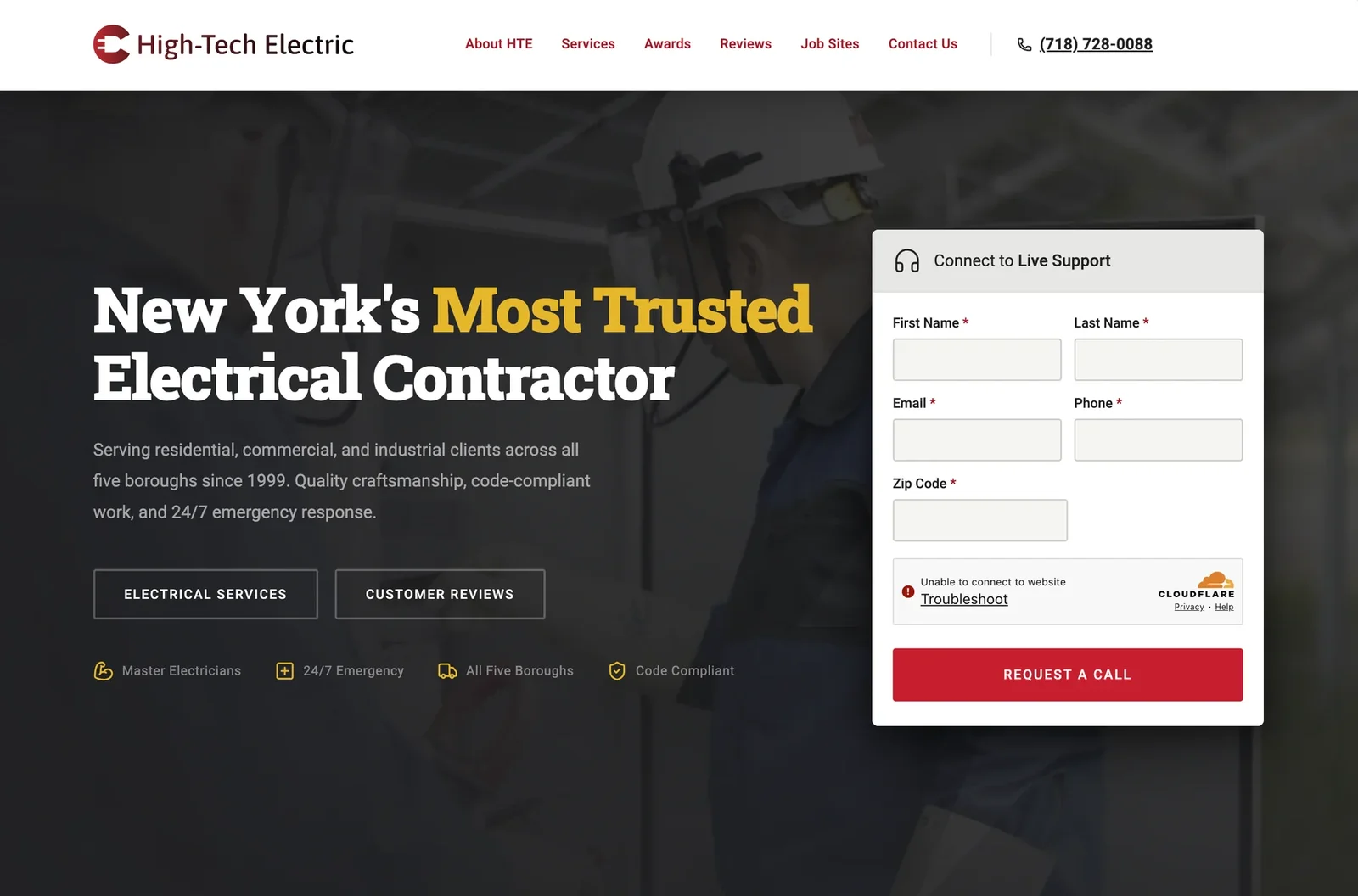 High-Tech Electric homepage, iteration 1: dark hero reading New York's Most Trusted Electrical Contractor, with a Connect to Live Support form and a red Request a Call button.
