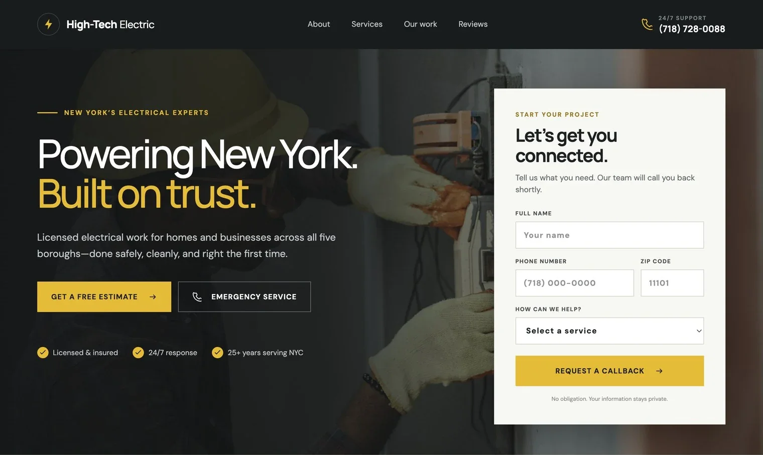 High-Tech Electric homepage, iteration 2: a geometric sans headline, Powering New York. Built on trust., with gold buttons and a callback form.