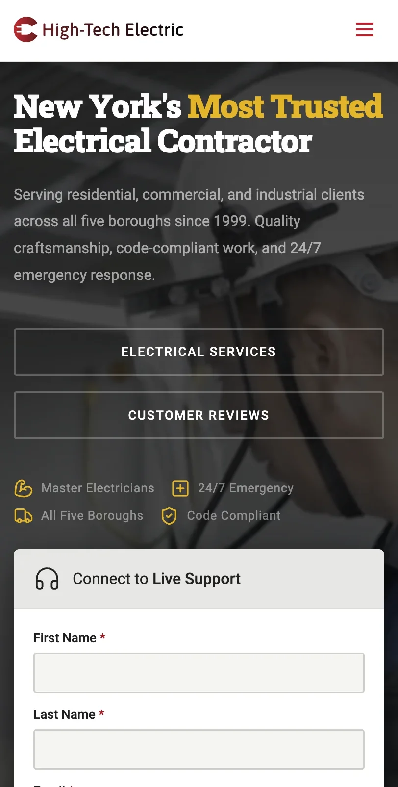 High-Tech Electric homepage on mobile.