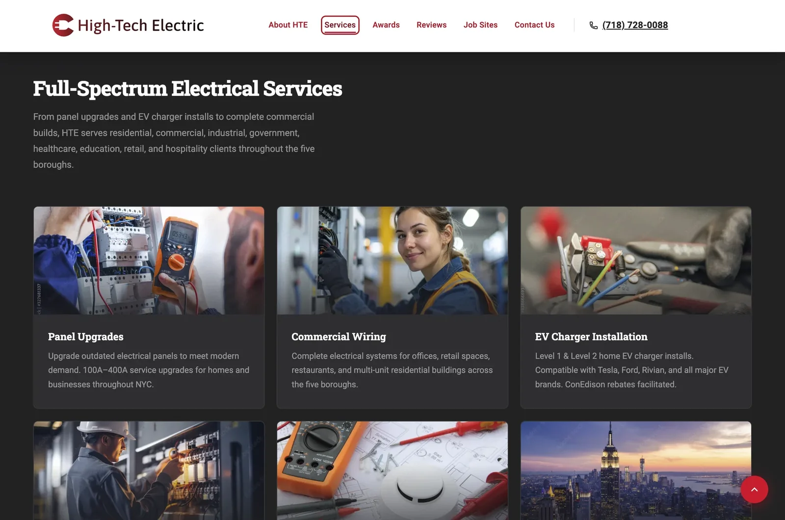 Services section, iteration 1: Full-Spectrum Electrical Services, with dark photo cards for Panel Upgrades, Commercial Wiring and EV Charger Installation.