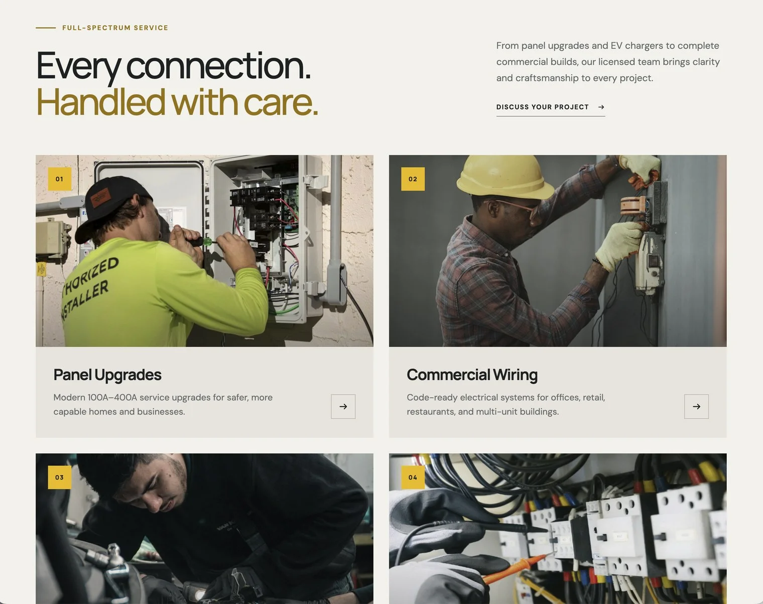 Services section, iteration 2: a light editorial layout headed Every connection. Handled with care., with large photo cards and numbered gold tags.